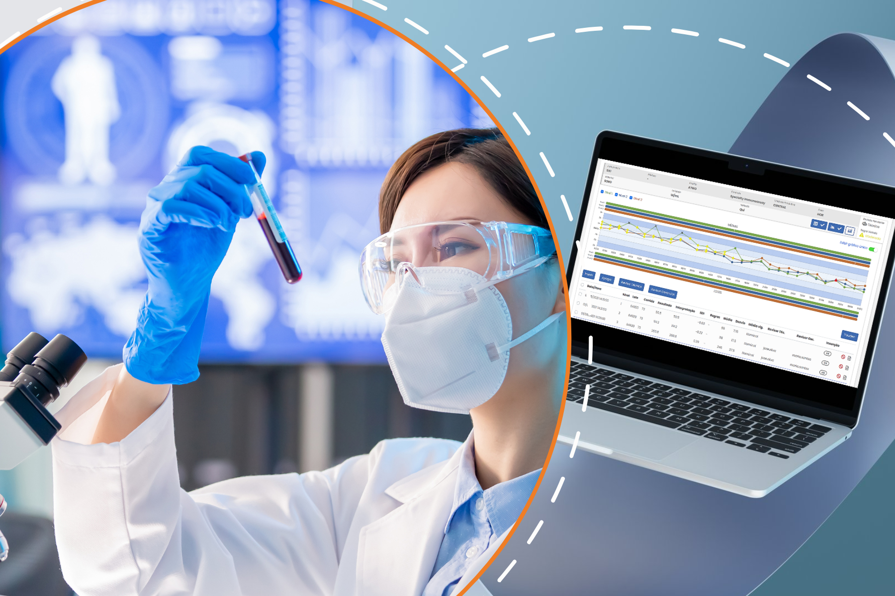 Imagem de uma biomédica analisando uma amostra e, ao lado, um notebook para simbolizar a automação laboratorial.